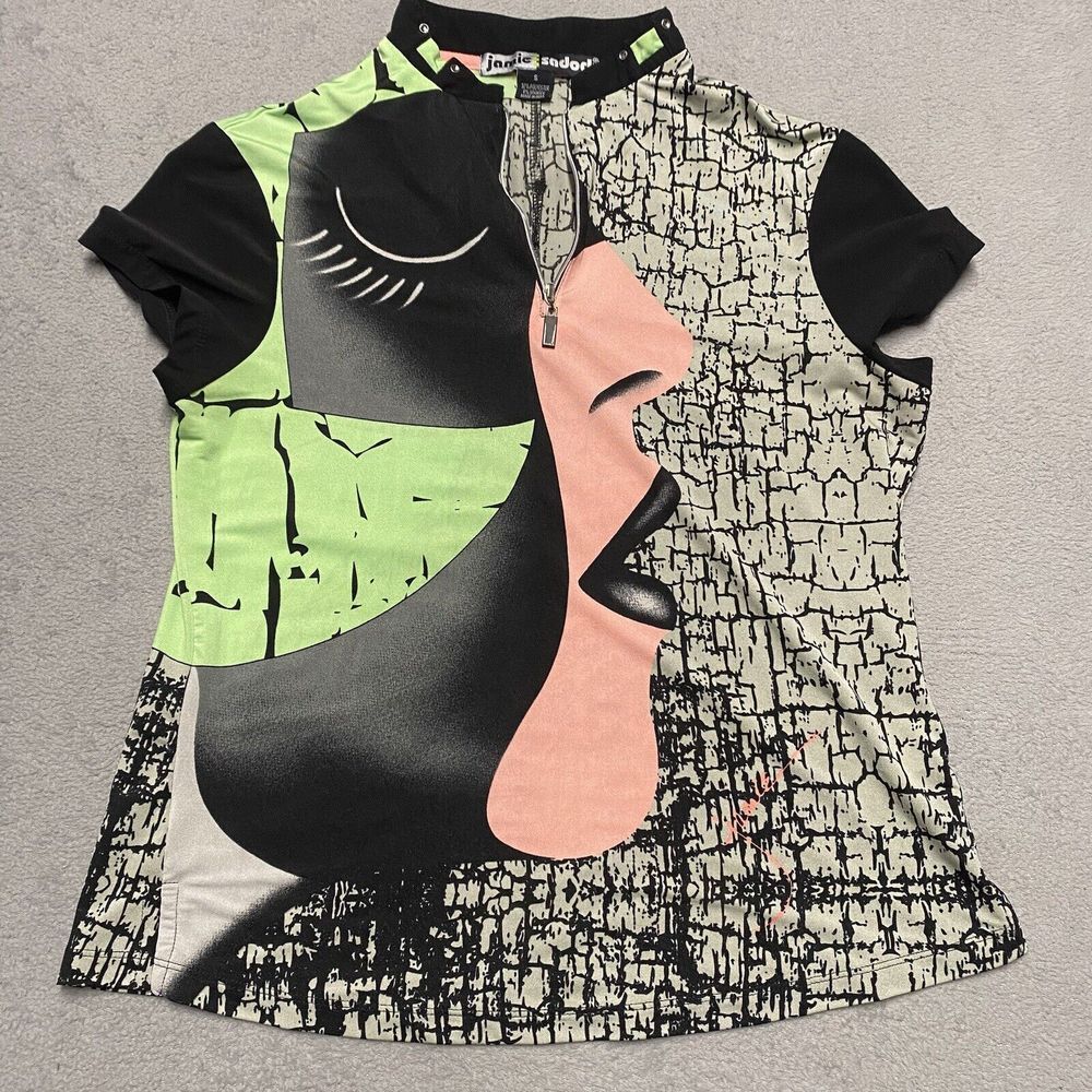 Jamie‎ Sadock Top Womens S Multicolor Face 1/4 Zip Stretch Embellished Retro